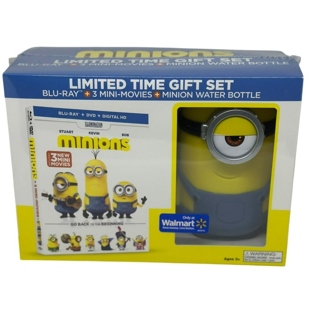 NIB Minions Blu-ray DVD Gift Set Limited Time Exclusive + 3 Mini Movies + Bottle